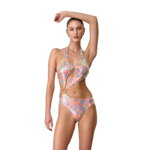 Costume da bagno intero HDJ con controllo pancia, stampa e cut-out, vita alta, monokini, taglie 42, 44, 46, 48, colori assortiti - Product Image 3