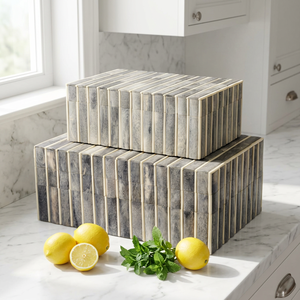 Boîte à bijoux carrée géométrique gris et blanc FAIZA CRAFT avec incrustation d'os, étui de rangement moderne pour bibelots, idéal pour mariages et Noël - Product Image 1