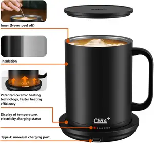 CERA + 온도 제어 55 도 스마트 머그잔, 14oz, 검정색, 앱 제어 가열 커피 컵