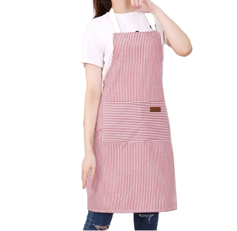 Kustom tahan terhadap kotoran celemek Logo kustom garis Linen Barista celemek dapur wanita