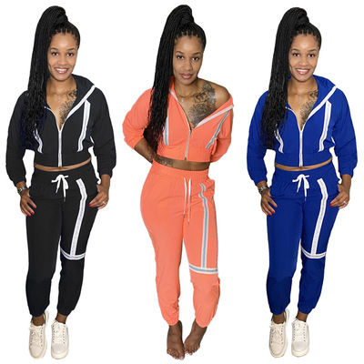 2021 New Autumn Solid Casual 2 Piece Tracksuit Sport Zipper Hooded Jogger Outfit Patchwork Women Clothing