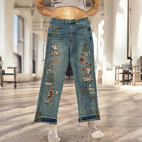 Celana Jeans Wanita Bordir Motif Bunga, Pinggang Sedang, Model Lurus, Bahan Denim Rajut, Dapat Dicuci, Custom Grosir dengan Logo
