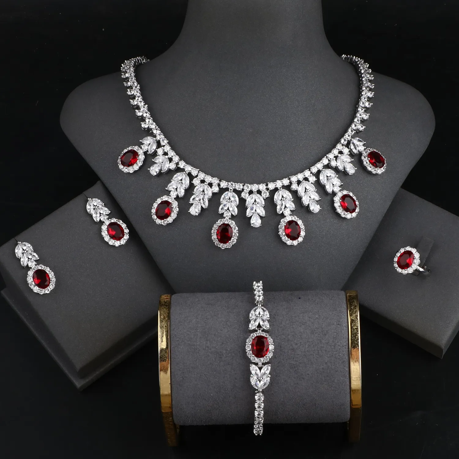 Luxury Cubic Zirconia Gemstone Jewelry Bracelet Ring Earring Necklace 4-piece Set Wedding Accessories Bridal Jewelry Sets