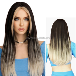 WH24 parrucca da <span class=keywords><strong>donna</strong></span> lunga e dritta parte centrale bionda con Highlight a strati aspetto naturale capelli sintetici realistici - Product Image 1