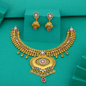 Traditional gold <b>necklace</b> with floral motifs temple jewelry design bridal wear elegant handcrafted ethnic <b>statement</b> piece - Product Image 1
