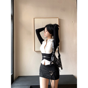 Women's Black And White Color Block Long Sleeve Shirt With Belt Fitted Waist Defining Top Everyday Wear Contrast Design - Product Image 4