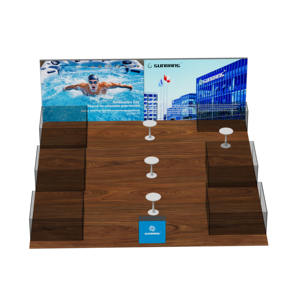 Stand Portátil para Ferias Comerciales, Semi-Cerrado, con Pared Trasera en Forma de L, Múltiples Cabinas de Reunión, Diseño Modular con Gráficos Temáticos de Piscina - Product Image 1