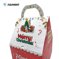 Boîte cadeau en papier personnalisée en forme de maison de Noël avec poignée, boîte d'emballage pour bonbons, biscuits, pommes imprimée avec Père Noël et rennes