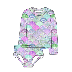 Traje de Baño de 2 Piezas para Niñas, Diseño de Conchas Marinas, Camisa de Manga Larga y Pantalones Cortos con Volantes, Traje de Baño para Bebés - Product Image 3