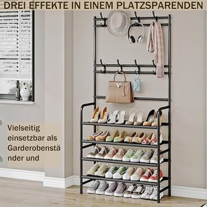 Modern Metal <b>Shoe</b> Rack Entryway Clothes Rail Organizer Multi Function <b>Storage</b> Shelf with <b>Hanging</b> Hooks for Hallway - Product Image 3