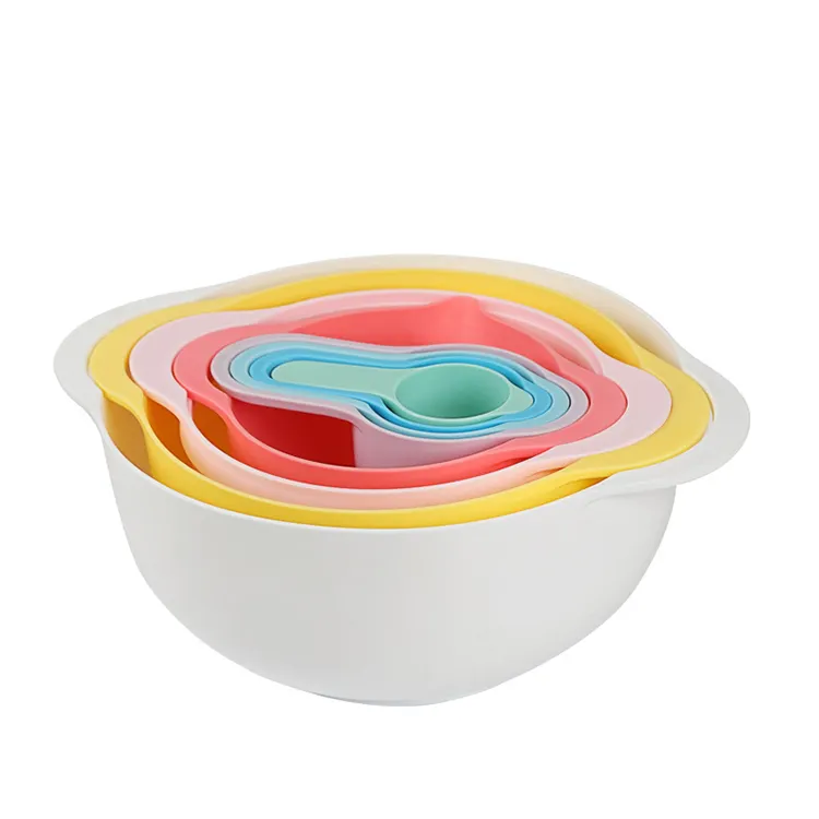 온라인 최고 판매 가정용 주방 식품 학년 8 조각 플라스틱 중첩 그릇 세트 믹싱 그릇 측정 컵 체 소쿠리