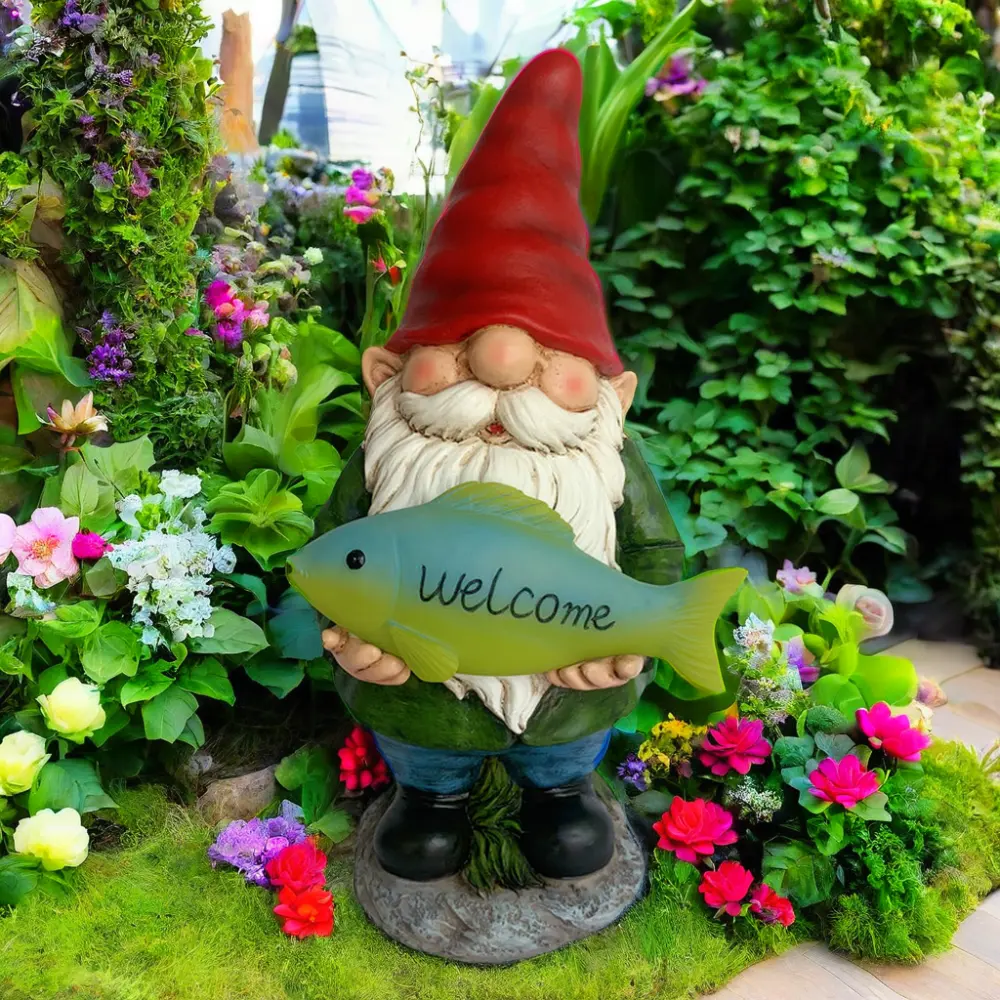 13.5" Tall Solar Powered Resin Welcome Fish Gnome Large Funny Outdoor Garden Gnomes Statue