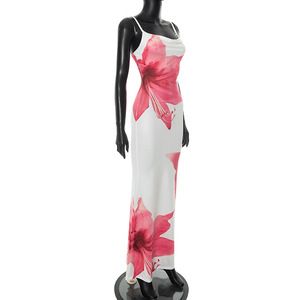 Robe longue en mousseline de soie à fleurs vintage d'été et d'automne, sans bretelles, épaules dénudées, <span class=keywords><strong>sexy</strong></span>, ajustée, pour les vacances à la <span class=keywords><strong>plage</strong></span> - Product Image 3
