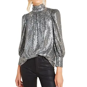 Customized Ladies Loose Sequin Blouses Long Puff Sleeve High Neck Top Women Blouses And Tops