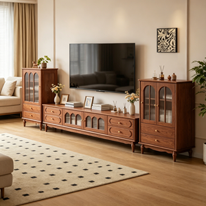 Mueble de TV Tradicional de Madera Maciza con Cajones de Almacenamiento y Puertas de Vidrio para Sala de Estar, Compatible con Televisores de 65 Pulgadas o Más, Montaje en Suelo - Product Image 1