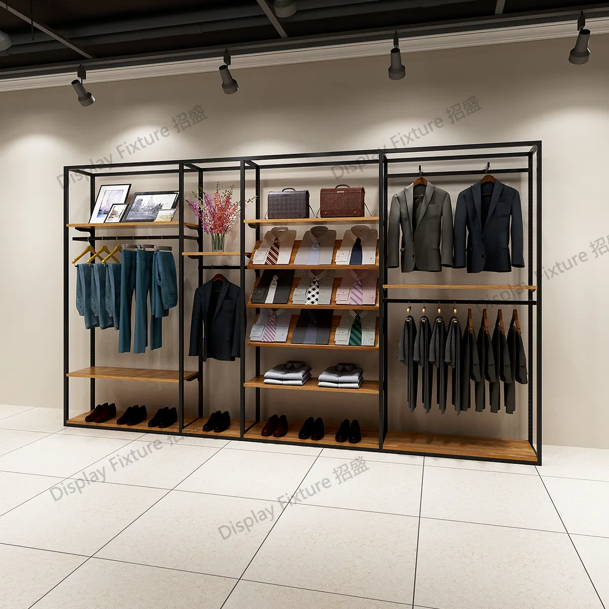 Rack de chão com luz para exibição de roupas, rack de exibição personalizado de luxo e moda, rack de ferro para lojas de roupas
