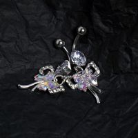 OUKE Y2K Style Fliege Nabel Piercing Süßer Edelstahl Silber Farbe Flash AB Zirkon Bogen baumeln Bauch Piercing für Frauen