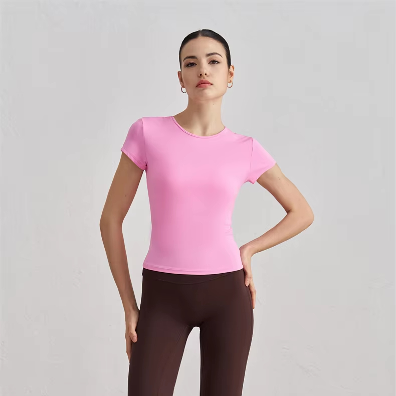 Womens Comfortable Round Neck Tight Fitting Yoga Workout Tshirt Slimming Shirt Slim Fit Tops