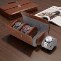 Étui de voyage portable haut de gamme en cuir marron à motif pied-de-poule pour 3 montres, avec bouton-pression, pour homme et femme, idéal comme cadeau