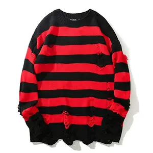 Zwart Rood Gestreepte Truien Gewassen Vernietigd Ripped Trui Mannen Hole Knit Jumpers Mannen Vrouwen Oversized Trui Harajuku