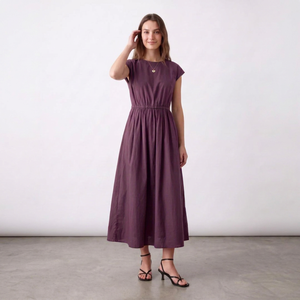 Robe midi décontractée d'été unie pour femme en lin violet uni à manches courtes, coupe trapèze, taille élastique et col rond - Product Image 1