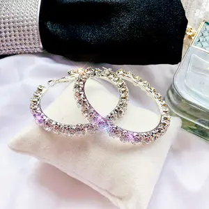 Fashion Jewelry 925 Sterling Silver 5.5Cm Big Circle Shiny Cz Crystal Hoop Earrings Rhinestone Hoop Earrings