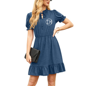 Abito Mini Estivo da <span class=keywords><strong>Donna</strong></span> con Volant e Scollo Allacciato, Maniche Corte a Sbuffo, in Poliestere e Cotone, Vestito Casual a Trapezio per l'Ingrosso - Product Image 4