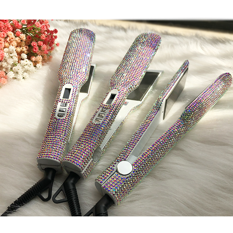 Оптовая продажа, новый дизайн, частная торговая марка, плоский утюжок с широкой пластиной, выпрямитель для волос со стразами, онлайн с пользовательским логотипом