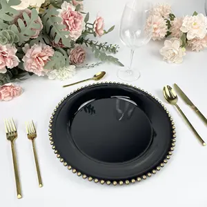 Platos de cena de plástico estilo europeo con cuentas doradas de 13 pulgadas para decorar bodas y fiestas