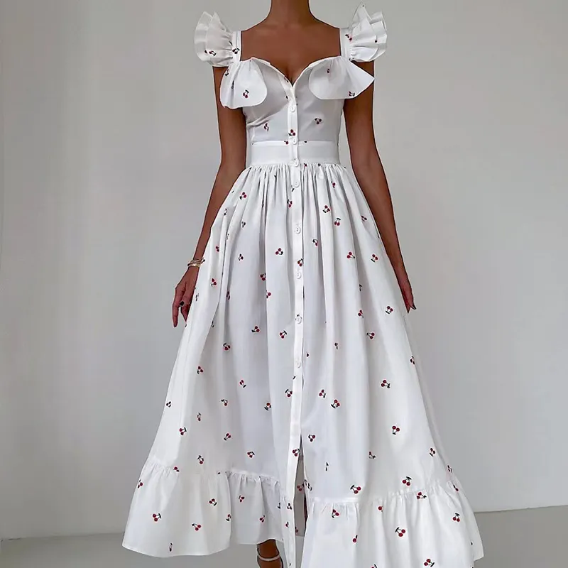 Customized Sleeveless Prom Dresses Floral Slip Dress Temperament Commuter Square Neck Print Long Dress