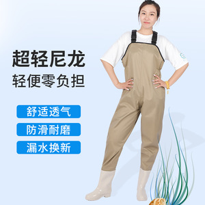 Women's Waterproof Waders With Boots Khaki Nylon One Piece Fishing Suit Full Body Rain Pants For Outdoor Use - Product Image 3