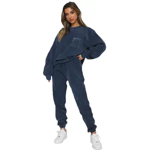 Blue new corduroy solid color round neck long-sleeved two-piece trouser suit for women