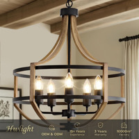 Lustre rustique vintage en métal noir avec cadre imitation bois, cage ronde, lampe suspendue pour salon, entrée, couloir, décoration