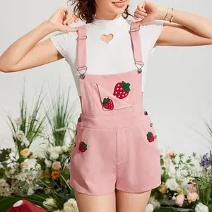 Custom Women Cute Causal Strawberry Patched Crisscross Back Overall Romper Jumpsuit