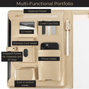 Màu Be Vegan da danh mục đầu tư chất kết dính chuyên nghiệp Vàng TRIM padfolio clipboard thư mục với từ đóng cửa Bìa cho phụ nữ - Product Image 2