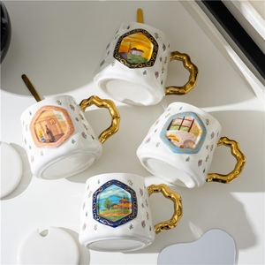 Tasse à café en grès céramique 390 ml, décorée par un peintre à l'huile vintage, idéale pour la Saint-Valentin - Product Image 1