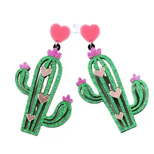 ERS438ER1076 New Product Cactus Mirror Heart Green Glitter Cactus Acrylic Earrings