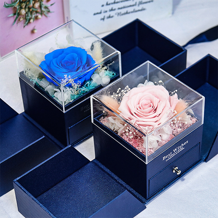 Vegena Scatola Con Rosa Eterna Rossa E Cassetto Portagioie - Regalo Di Compleanno Per Donne, San Valentino, Anniversario, Diametro Rosa 8 Cm, Confezione Regalo Con Fiocco Magnetico