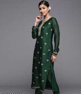 Nouveau Style Moderne Femmes Agrémenté Droite Kurta Vert Soie Mélange Tissu Dernier Design Ethnique Costume pour les Occasions Spéciales - Product Image 2