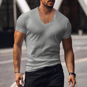 Slim mince confortable chemise en gros de haute qualité T-Shirt hommes couleur unie col en v à manches courtes hauts - Product Image 4