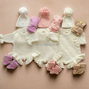 Pasgeboren Accessoires Gebreide Set Strik Beanie Sokken Baby Hoofddeksels Pom-Pom Dubbele Geribbelde Gebreide Muts Geboorte Aankondiging Outfit - Product Image 2