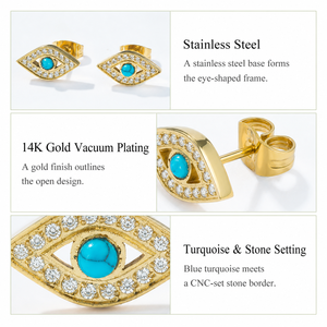 ต่างหูแบบติดหูสีเทอร์ควอยซ์ สแตนเลสสตีล ชุบทอง 14K แบบสุญญากาศ ประดับหินสีน้ำเงินตรงกลาง ขอบ CNC พร้อมตัวล็อคแบบผีเสื้อ - Product Image 5