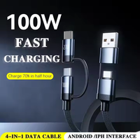 Câble de charge rapide 4-en-1 en nylon tressé, vente en gros d'usine, Type-C/Lightning pour téléphones mobiles iOS, PC, ordinateur portable