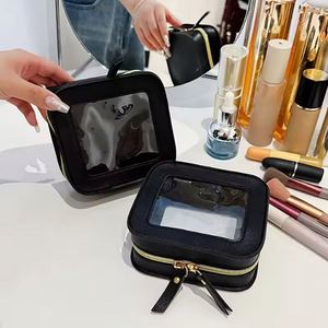 Travel Square PU Leather Fashion Cosmetic Case Transparent <b>Clear</b> Window Makeup <b>Bag</b> Women Zipper Waterproof <b>Toiletry</b> Organizer - Product Image 2