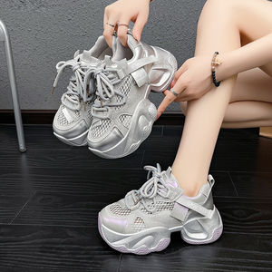 Haute qualité femmes automne compensé plate-forme baskets 8cm semelles paillettes à lacets haut Design pour sport loisirs inspiré papa - Product Image 3