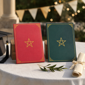 Porte-certificat et couverture de menu de luxe en similicuir rouge et vert, personnalisés avec estampage doré, pour invitations de banquet et événements, avec coins renforcés - Product Image 2