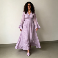 Robes longues décontractées et élégantes pour femmes, en gros, couleur lilas, imprimé floral, col en V, manches longues évasées à volants, taille haute