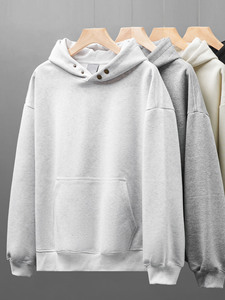 เสื้อฮู้ดดี้โอเวอร์ไซส์ผู้ชาย มีกระดุมโลหะที่ฮู้ด กระเป๋าคางคาว ผ้าฟลีซหนานุ่ม เสื้อฮู้ดดี้เปล่าสำหรับสกรีนโลโก้ - Product Image 3