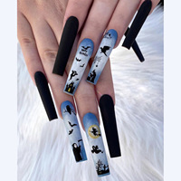 Faux ongles à presser Halloween Sorcière et Fantôme, extra longs, forme cercueil, avec motifs maison hantée effrayante noir mat et bleu, en acrylique