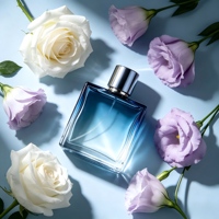 Flacon de parfum en verre plat de luxe, 50 ml, 100 ml. Flacon de parfum transparent avec un bouchon noir.